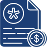 Blue icon of a document with an asterisk symbol and a dollar sign coin, indicating insurance or financial document.