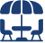 Icon of outdoor patio setup with umbrella, two chairs, and a round table.