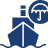 Blue ship icon with a clock above it indicating time or schedule.