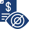 Blue icon of a falling dollar bill with motion lines next to an eye symbol crossed out.