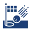 Blue icon of a presentation board with grid lines, a magnifying glass, and a gear symbolizing analysis and settings.