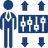 Illustration of a person with arrows pointing up and down and a briefcase in front of management hierarchy icons.