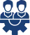 Icon of three businesspeople connected by gear graphics symbolizing teamwork and cooperation.
