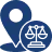 Blue icon of a map location pin combined with a balanced scales symbol representing legal jurisdiction or coverage territory.