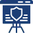 Blue shield icon on a tripod stand symbolizing protection or coverage.