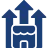 Icon of a blue house with three upward arrows emerging from the roof symbolizing growth and expansion.