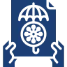 Icon of a hand holding a document with an umbrella and gear symbol, indicating insurance or protection services.