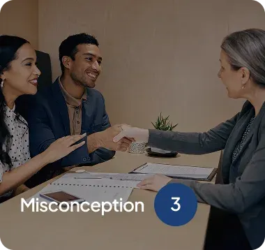 Two people shaking hands with a woman across a table in a professional setting with the word 'Misconception' and the number 3 overlayed.