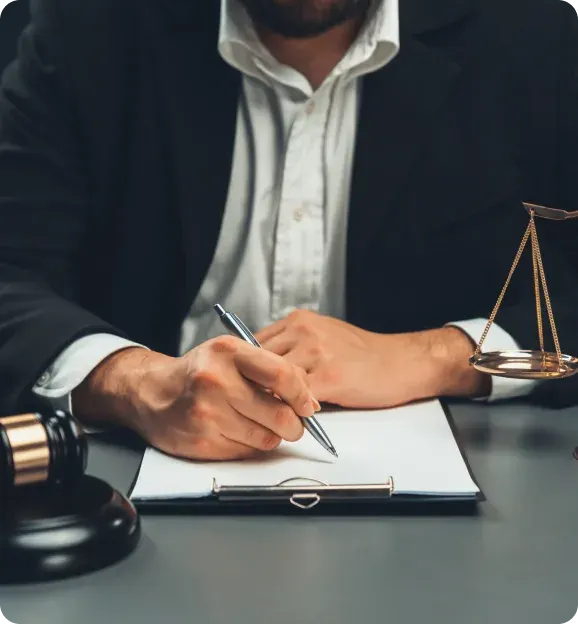 Man in suit writing on a clipboard with legal gavel and scales of justice on the desk.