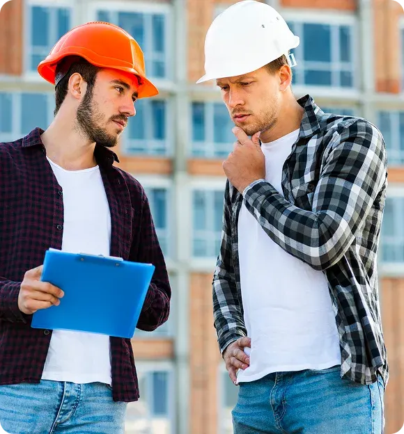Two construction workers wearing hard hats and casual shirts, discussing and reviewing a clipboard outdoors at a building site.