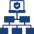 Blue organizational chart icon showing one top node connected to three lower nodes.