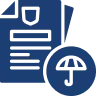 Blue icon showing a document with text lines and a shield, next to an umbrella symbol representing coverage or protection.