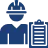 Icon of a construction worker wearing a hard hat next to a clipboard with checkmarks.