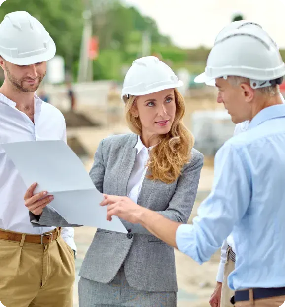 Three construction professionals wearing white hard hats reviewing documents at a construction site.