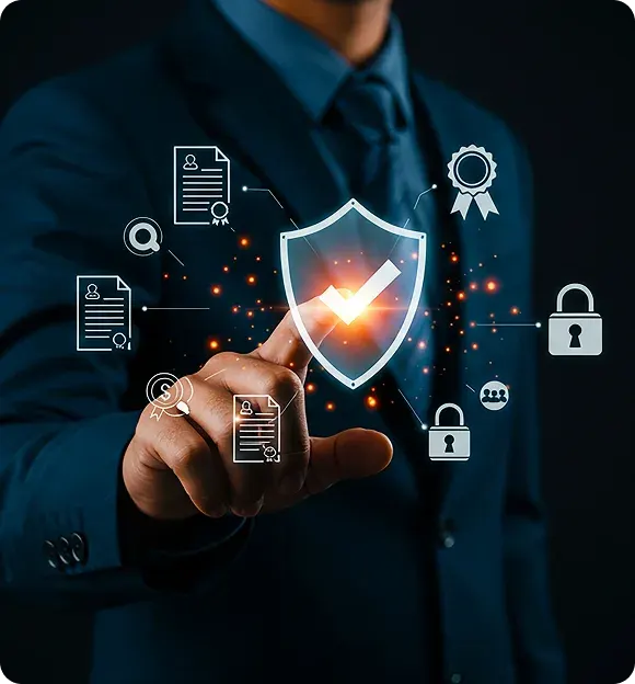 Businessperson in suit interacting with floating shield icon with checkmark and security-related icons representing data protection and cybersecurity.