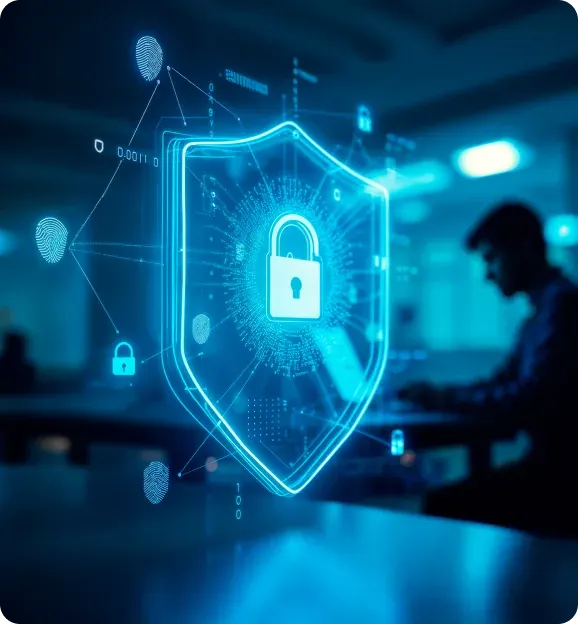 Blue holographic shield with a lock icon and connected fingerprints symbolizing cyber security in a dimly lit office with a person working on a laptop in the background.