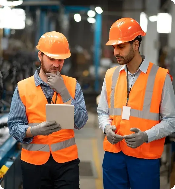 Two male factory workers in orange safety vests and helmets reviewing a tablet together on the factory floor.