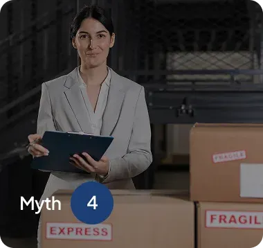 Businesswoman holding a clipboard standing behind cardboard boxes labeled express and fragile in a warehouse.